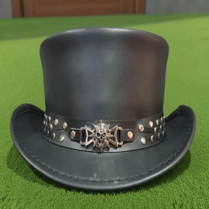 Chapeau haut de forme steampunk en cuir noir fait main de haute qualité, style gothique, chapeau de cowboy western rockeur fait main - Product Image 5