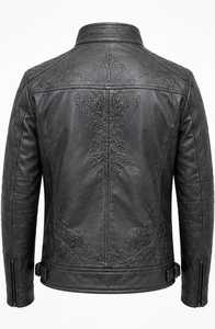 Blouson en cuir gaufré pour homme, style motard, col montant, fermeture éclair, coupe ajustée, style automne - Product Image 6