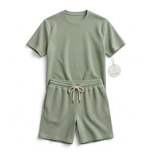 Ensemble de détente personnalisé pour homme en tricot gaufré d'été, T-shirt à manches courtes et short à cordon de serrage, 2 pièces, vert sauge pastel, microfleece respirant - Product Image 1