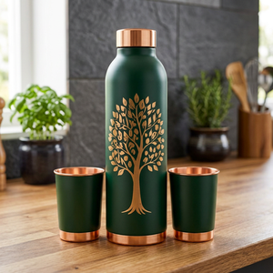 Bouteille d'eau en cuivre à motif floral vert avec deux tasses, ensemble de vaisselle portable pour la maison - Product Image 6