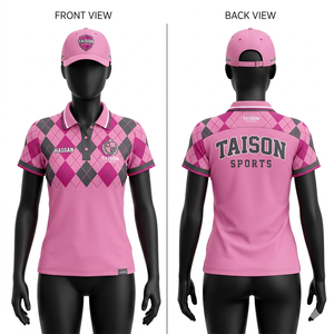 Camiseta de golf para mujer, premium, tela transpirable de spandex, diseño de paneles con estampado paisley en azul marino y coral, logotipo bordado por sublimación personalizado - Product Image 3