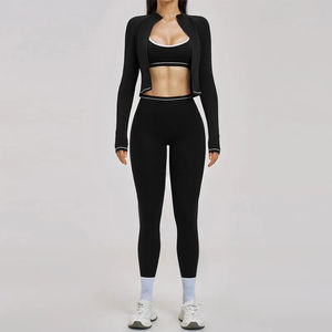 Ensemble de yoga 2 pièces pour femme : Crop top et leggings taille mi-haute, couleur unie, rayé, en spandex, sans couture, taille élastique, longueur intégrale, tenue de sport - Product Image 4