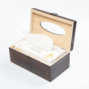 Boîte à mouchoirs rectangulaire décorative en bois avec couvercle à charnière, distributeur de serviettes de style antique - Product Image 2
