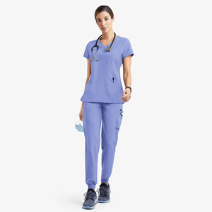 Ensemble de blouses médicales unisexe bleu à col en V, manches courtes, couleur unie, en tissu polyester tissé, avec poches, uniformes d'hôpital, détection d'aiguilles, sans coutures - Product Image 3