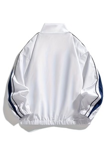<b>Men's</b> <b>White</b> Blue Color Blocking Racer <b>Jacket</b> Zipper Closure Sporty Hooded Collar Polyester Canvas Front Logo Autumn Wear - Product Image 4