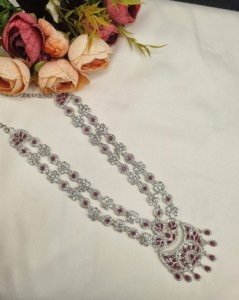 Elegant Rhodium Plated Cubic Zirconia Jewellery <b>Set</b> Multi Layer Long <b>Necklace</b> Matching <b>Earrings</b> Mangtika Partywear <b>Set</b> Wholesale - Product Image 2