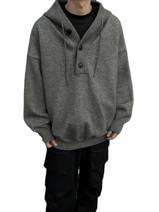 Men's Autumn Winter Knit Sweater Hooded Solid Color Loose Fit Button Pullover 100% Cotton Breathable for Outdoor Casual Wear - Product Image 3