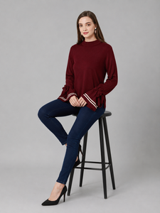 Pull à manches longues en tricot côtelé bordeaux pour femme, haut décontracté pour tous les jours - Product Image 5