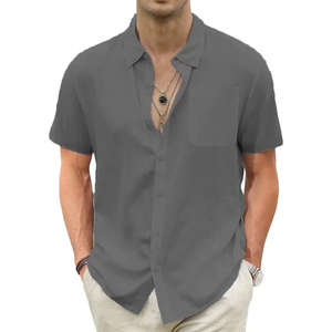 Men's Lightweight Cotton Linen <b>Hawaiian</b> Shirts Breathable Short Sleeve Casual Summer <b>Tops</b> for Beach Vacation Solid Pattern - Product Image 2