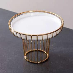 Support à gâteau rond en métal avec dessus blanc et base en fil doré, support décoratif pour cupcakes et desserts, support à gâteau d'anniversaire - Product Image 1