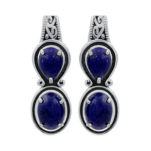 Gourik Classic 925 Sterling <b>Silver</b> Natural Lapis Lazuli Gemstone Cabochon Teardrop Oval <b>Silver</b> Plated Claw Setting <b>Stud</b> <b>Earrings</b> - Product Image 1