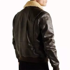 <b>Men's</b> Genuine Leather Bomber <b>Jacket</b> <b>Shearling</b> Collar Aviator Pilot Winter Coat Windproof Moto Biker Style - Product Image 2