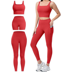 2 Piece Workout Sets for Women High Waisted Leggings with Pockets Tummy Control Biker Shorts Yoga Sports Bra <b>Seamless</b> Spandex - Product Image 1