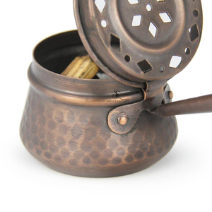 Hammered Copper <b>Bakhoor</b> Burner Portable Arabic <b>Oud</b> Incense Holder Pot With Long Wooden Handle & Detachable Lid For Home Decor - Product Image 6