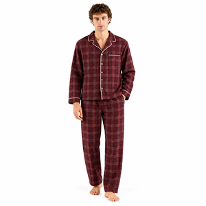 <b>Men</b> Plaid Woven Soft Casual <b>Pajama</b> <b>Set</b> Long Sleeve Button Sleepwear Autumn Warm Loungewear Matching Lounge Pants Maroon - Product Image 1