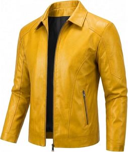 Blouson moto homme en cuir PU coupe ajustée, col rabattable, fermeture éclair, jaune uni, longueur standard, pour l'automne - Product Image 4