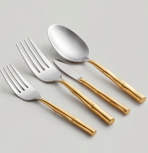 Ensemble de couverts modernes en acier inoxydable avec manche en bambou, résistant au lave-vaisselle, finition dorée, pour mariage et table à manger - Product Image 3