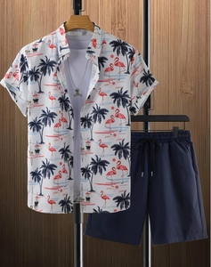 2026 New Arrival Men's Floral Print 2-Piece Casual Short Sleeve Button Shirt Shorts <b>Set</b> Summer Beach Quick Dry Tracksuit - Product Image 6