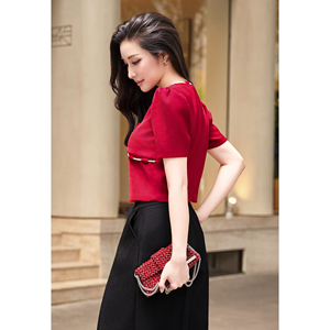 Blusa roja con cuello en V y manga corta para mujer, blusa con mangas abullonadas y detalle de lazo, top corto femenino para fiesta, estilo informal THETIS - Product Image 5