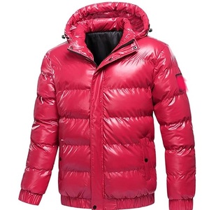 Red Coated Canvas Glossy Puffer Jacket Windproof Breathable <b>Winter</b> Hooded with Patchwork Nylon Hoodie Zipper Up Bubble Jackets - Product Image 5