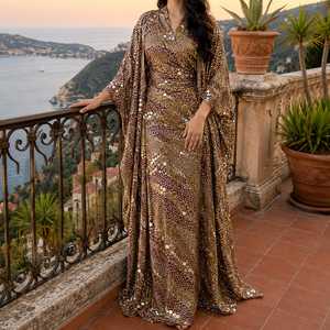 New Vision Gold <b>Sequin</b> Indian/Pakistani Style Floor-Length Maxi Dress Women Elegant Regular Fit Party Evening Gown Glamorous - Product Image 1