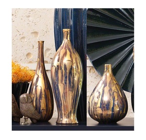 Modern Metallic Gold & Blue Drip Glaze <b>Tabletop</b> Vases, Abstract Fluid Paint Pattern Ovoid & Teardrop Floral Holders, High-Gloss - Product Image 2