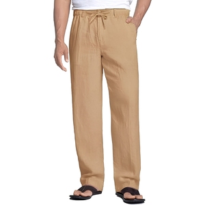 Men's Khaki Cotton Drawstring Casual Pants Straight Fit <b>Elastic</b> Waist Lightweight Summer Wear Side Pockets - Product Image 1