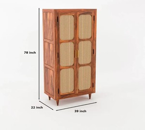 Boho Rattan Door Solid Wood Wardrobe | Mid-Century Cane Armoire with <b>Shelves</b> | Jodhpur Export - Product Image 3