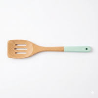 Spatule à fentes en bois massif avec manche vert menthe, écologique, résistante à la chaleur, compatible lave-vaisselle, ustensile de cuisine antiadhésif