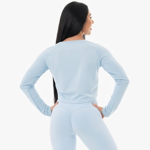 Custom Women <b>Light</b> <b>Blue</b> Cropped <b>Long</b> <b>Sleeve</b> Pullover Crew Neck Knitted Polyester/Cotton <b>Top</b> Breathable Spring Casual Wear - Product Image 5