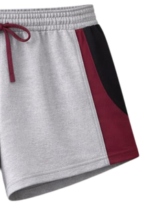 Shorts de détente pour femmes gris, rouge et noir, taille élastique avec cordon de serrage, empiècements contrastants, en coton et polyester doux, décontractés, confortables pour l'été - Product Image 2