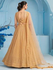 Embroidered Bridal Lehenga Set for Women Short <b>Top</b> Georgette Gold <b>Net</b> Dupatta Wedding Party Outfit Modern Ethnic Dress - Product Image 2