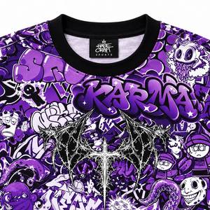 T-shirt graphique surdimensionné pour homme, style streetwear, imprimé dessin animé violet, manches courtes, col rond - Product Image 5