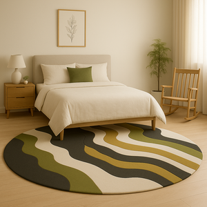 Tapis de qualité supérieure, rond, à motifs superposés, vert clair et foncé, motif crème, écologique, pour salon - Product Image 1