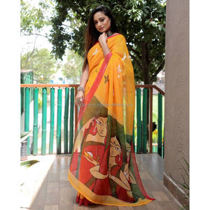Linen Digital Print <b>Saree</b> Yellow and <b>Red</b> Party Wear - Product Image 3