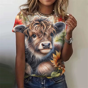 Camiseta con estampado de vaca y burro para mujer, camisetas con estampado 3D de animales y flores, Top de algodón con cuello redondo, moda de verano - Product Image 6