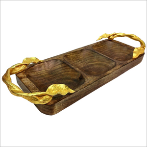 Wooden 3 Section Serving <b>Tray</b> with Golden Leaf Handles Decorative Snack Dry Fruit Tea Coffee Serving Platter for Home & <b>Kitchen</b> - Product Image 1