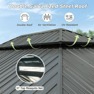 12 X 18 Hardtop Aluminum Metal Gazebo with Galvanized Steel Double <b>Roof</b> <b>Canopy</b> & Curtain Netting Permanent Pergola - Product Image 2