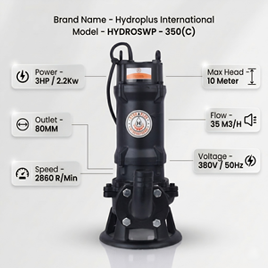 Pompe de drainage des eaux usées Hydroplus International 3HP, robuste, pour transfert de déchets, industrielle, 380V, débit élevé 35 m³/h, hauteur de refoulement 10 m - Product Image 2