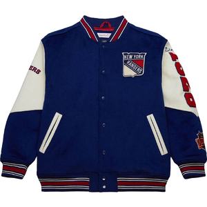 Blouson universitaire sans col pour homme, blanc et bleu roi, avec broderies de baseball et logo personnalisé, idéal pour l'extérieur et l'hiver, vente en gros - Product Image 1
