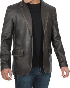Classic Two Button Men's Genuine <b>Leather</b> <b>Jacket</b> OEM Customized Stylish <b>Blazer</b> Available at Wholesale Rates - Product Image 3