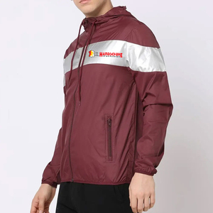 <b>Mens</b> Maroon Silver Reflective Stripe Hooded Zip Softshell Waterproof Thin <b>Jackets</b> Windbreaker <b>Lightweight</b> Sport Running Print - Product Image 1