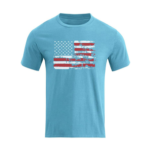 Men's Light Blue T-<b>Shirt</b> With Flag Print Short Sleeve O-Neck Casual Jersey Cotton Regular Fit - Product Image 1