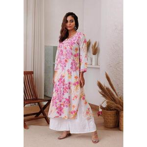 ATRACTIVE GEORGETTE PRINT BORDADO TRABAJO TOP CON PALAZZO BLANCO CON ROSA - Product Image 2