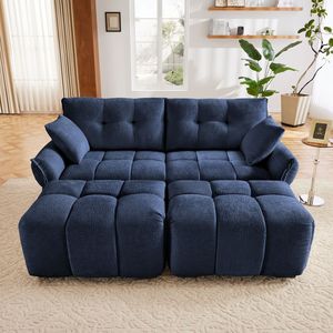 Comodo Set Divano Blu a 2 Posti con 2 Pouf e Cuscini Decorativi in Morbido Tessuto Chenille per Soggiorno, Appartamento o Dormitorio - Product Image 3