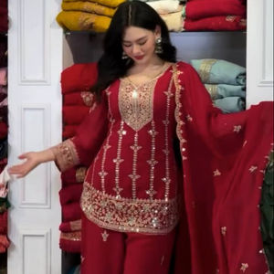 Ensemble Sharara en Georgette Heavy Fox avec broderies et sequins sur le devant et le dos, entièrement cousu, idéal pour les fêtes et occasions spéciales pour femmes - Product Image 6