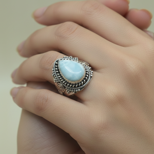 Anillo de Lágrima con Gema de Larimar 100% Genérica, Plata de Ley 925, Diseño Vintage Hecho a Mano, Chapado en Oro Rosa y Oro Amarillo - Product Image 2