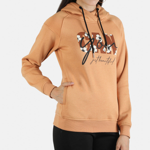 Women's Solid <b>Orange</b> Hooded Sweatshirt Floral Letter Print Full Sleeve Polyester/Cotton <b>Fleece</b> Knitted Winter Wear Front Logo - Product Image 4