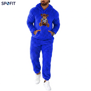 SPOFIT Men's Fleece Sherpa Tracksuit <b>Teddy</b> Bear Print Hoodie & Jogger Pants <b>Set</b> Plush <b>Lounge</b> wear Two Piece Outfit - Product Image 2