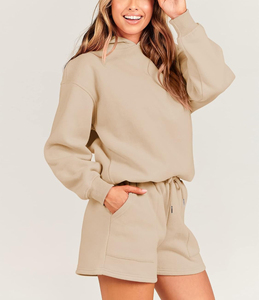 Wholesale 100% cotton 2 pcs hoodie & <b>short</b> <b>set</b> <b>for</b> <b>women</b> heavyweight 500GSM custom DTF printed logo <b>women's</b> jogging <b>set</b> - Product Image 3